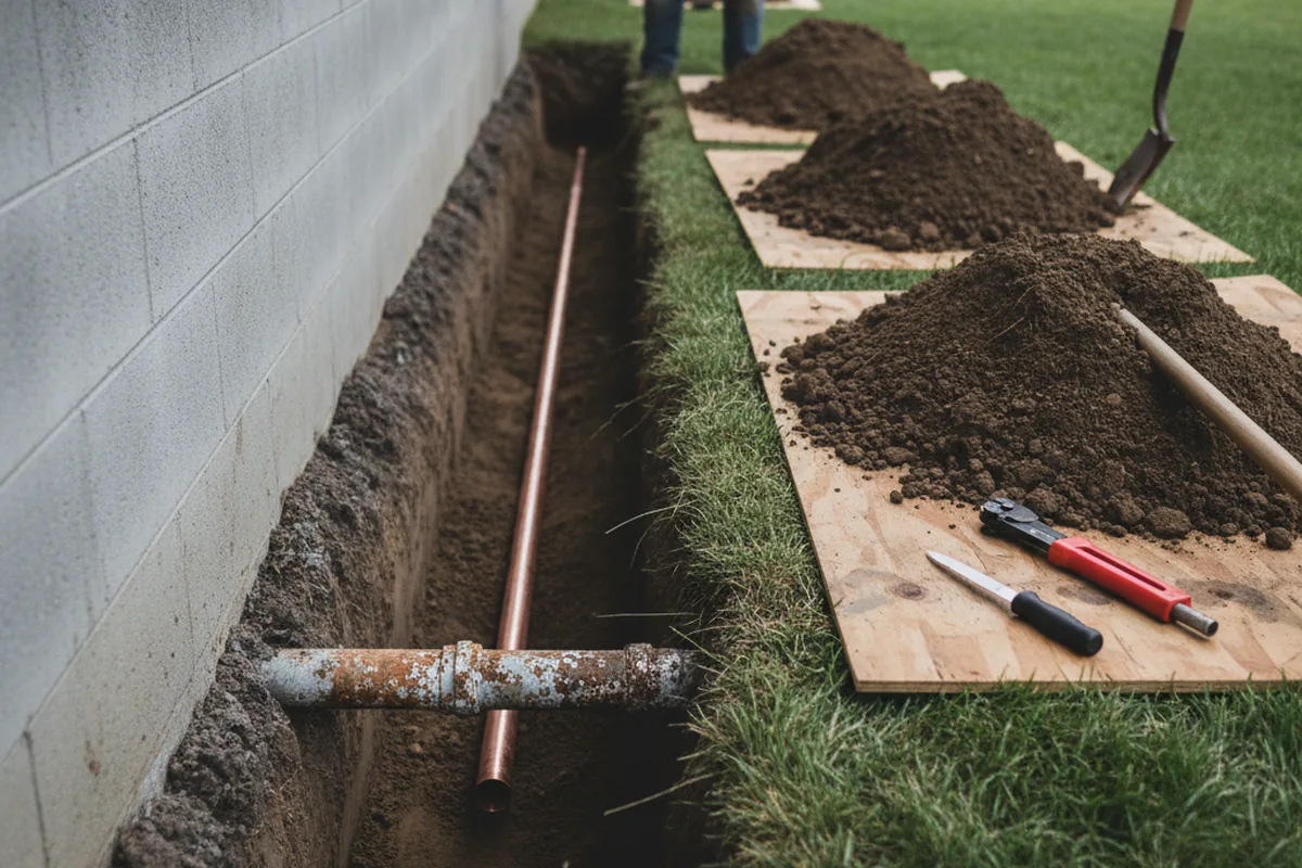 Excavated water line trench during Sewer Line Repair in Tehama